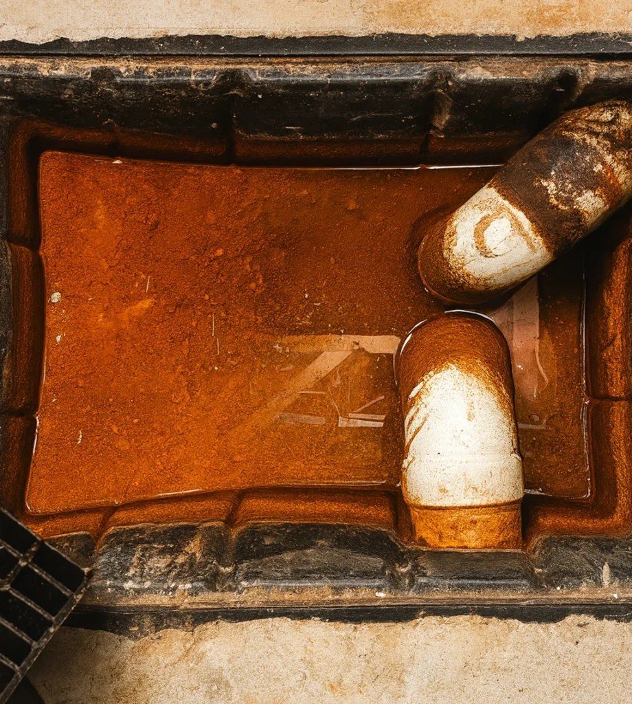 Ocre ferreux dans un drain : dépôt orangé qui bloque l'écoulement de l'eau.